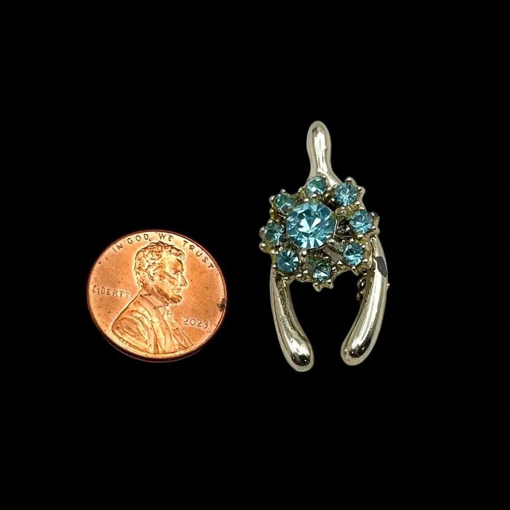Darling Dainty Vintage Blue Rhinestone Wishbone Brooch Petite Estate Pc